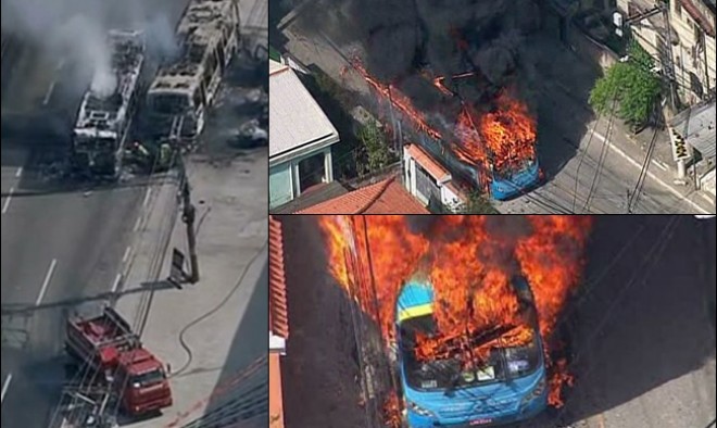 Ônibus, Caminhões e carros de passeio foram queimados na manifestação que fechou a Alameda São Boa Ventura em pleno Feriadão. (Imagens: Globo News)