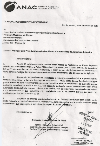 Documento protocolado na prefeitura relata impedimento de vistorias.