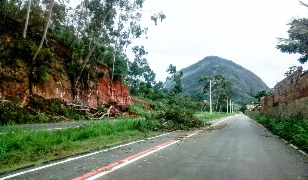 Galhos de eucalipto caiu sobre rede de alta tensão e deixou moradores sem luz em São José do Imbassaí. (foto: João Henrique / Maricá Info)