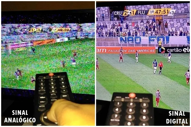 Diferença entre sinais analógico (esq.) e digital (dir.).